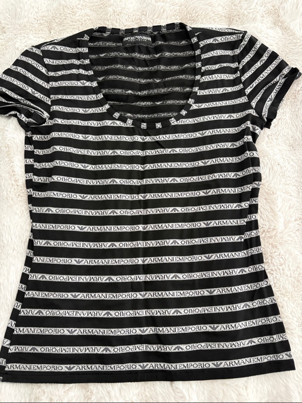 Emporio Armani Black and White Logo Stripe Scoop Neck Tee S